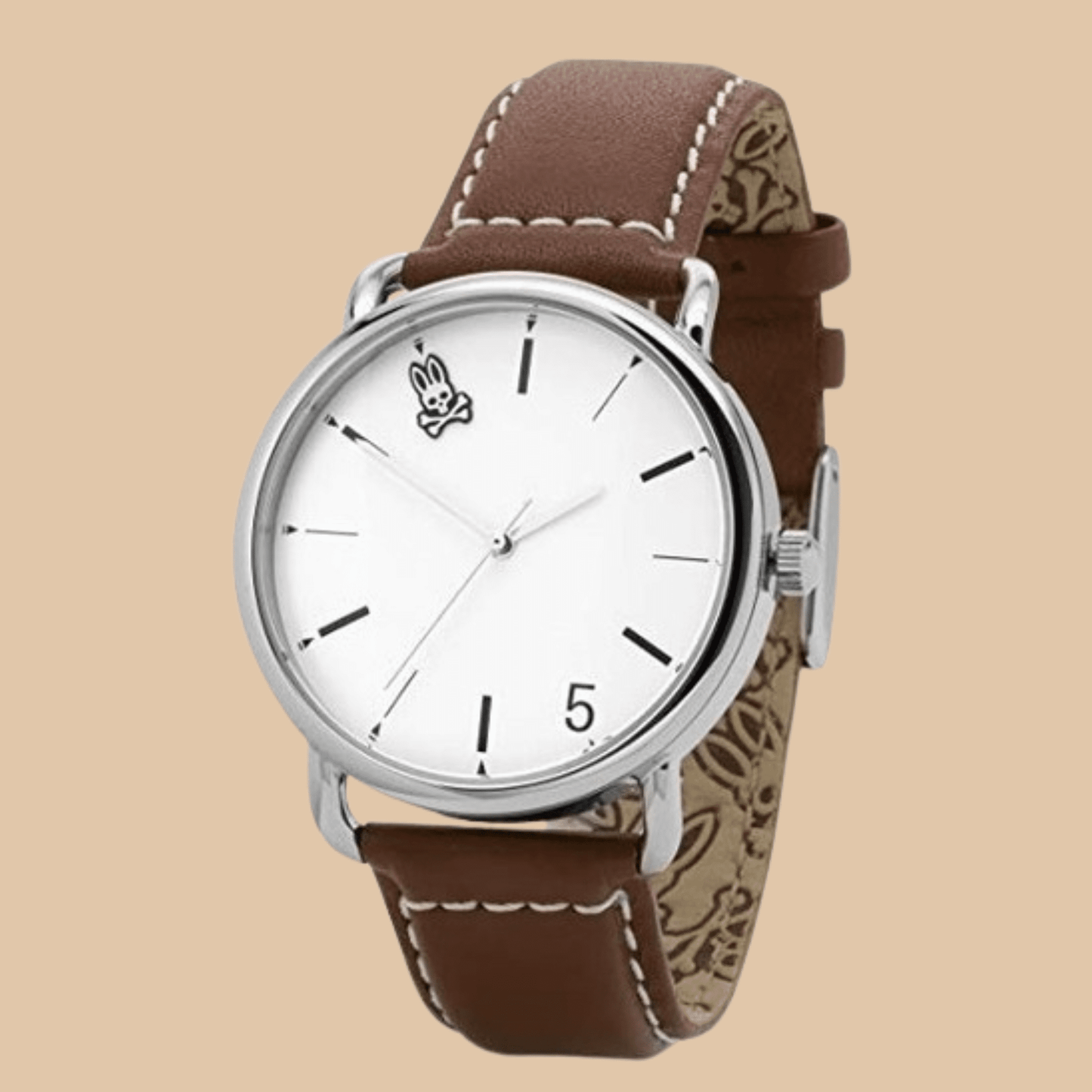Psycho Bunny Stainless Steel Watch with Brown Leather Strap 5 ATM Water Resistance - COLO