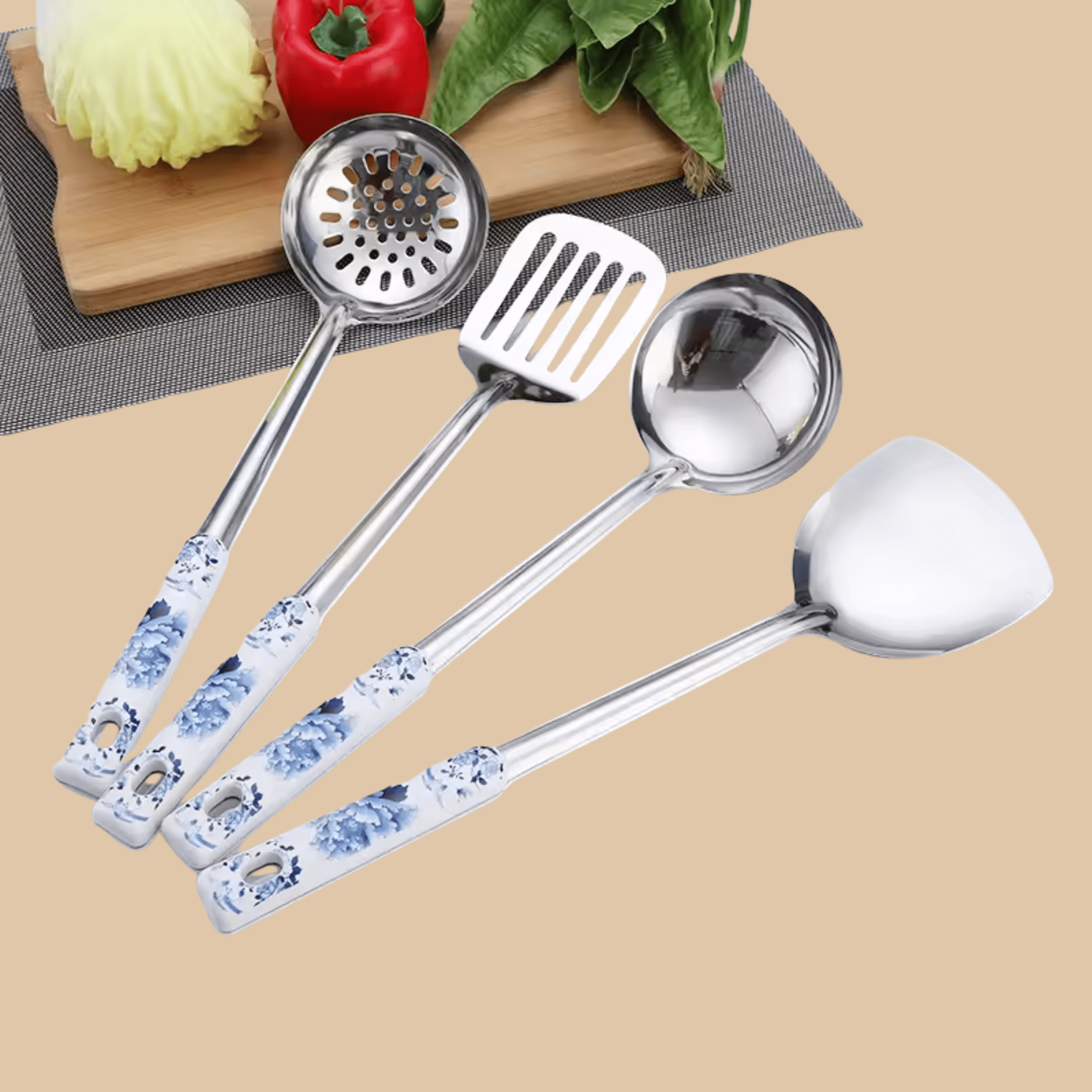 Porcelain Kitchen Utensils Set Blue White Floral 7pcs - COLO