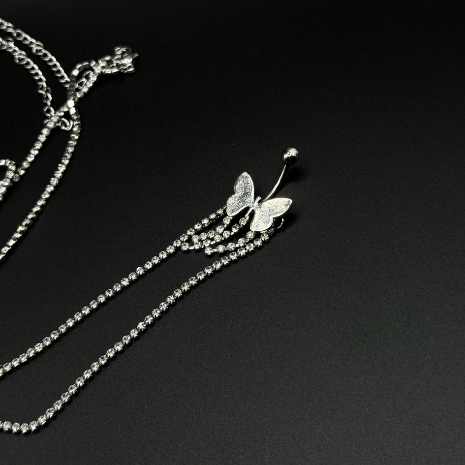 Silver Butterfly Belly Button Ring with Stones & Chain