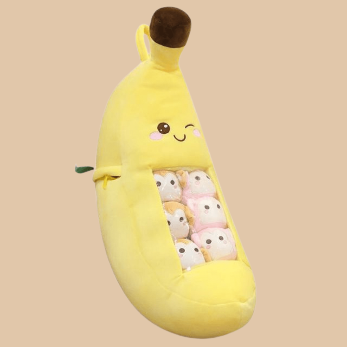 Banana Plush Pillow with 8 Puppy Dolls – Zippered Removable Set (24" x 18") - COLO