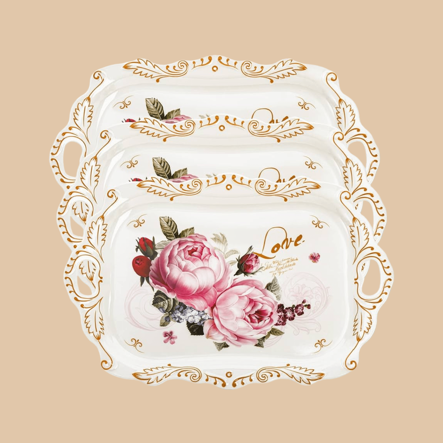 4 Set Stackable Melamine Serving Tray - Rose Floral Print - COLO