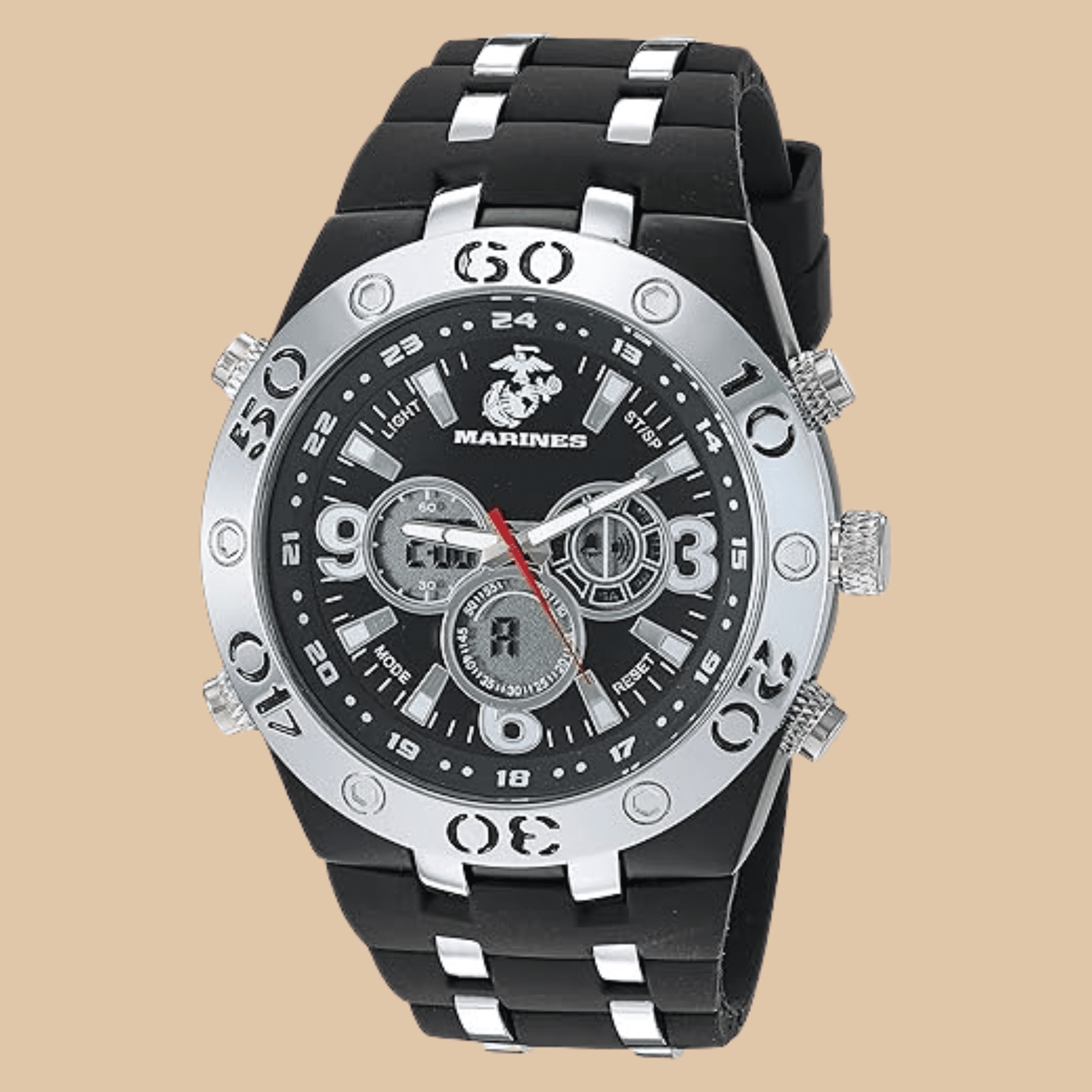Sports Watch with Black Silicone Strap, Analog-Digital Dial, Metallic Bezel, MARINES Logo - COLO