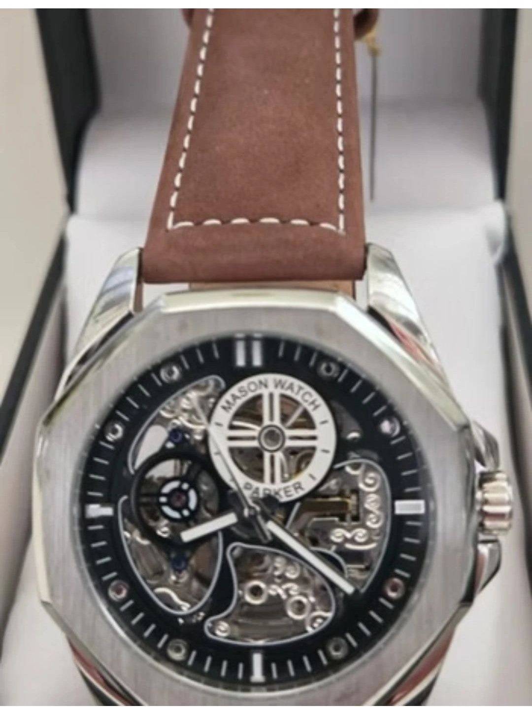 Mason Men’s Stainless Steel Automatic Watch – Black Dial & Brown leather Band