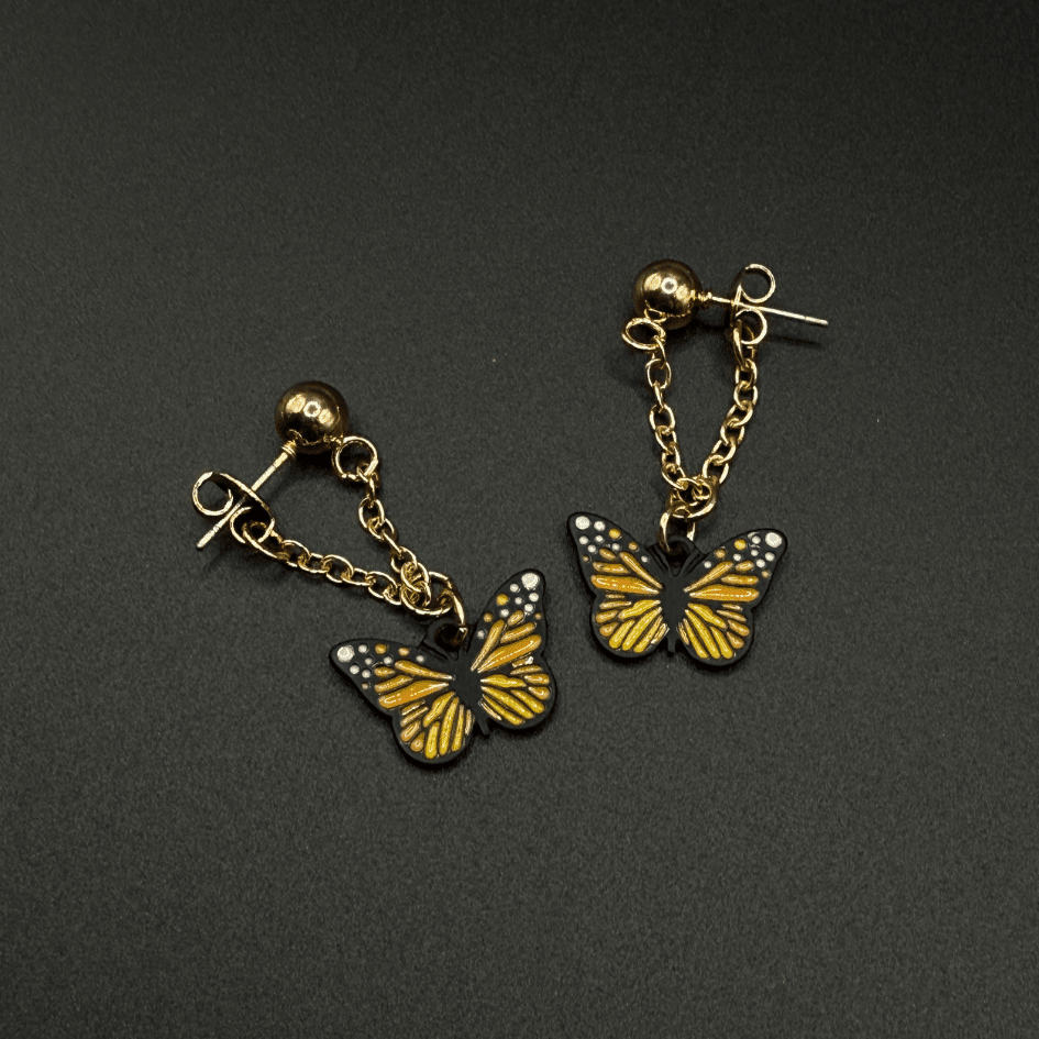 Gold & Black Butterfly Earrings with Stones & Chain - COLO