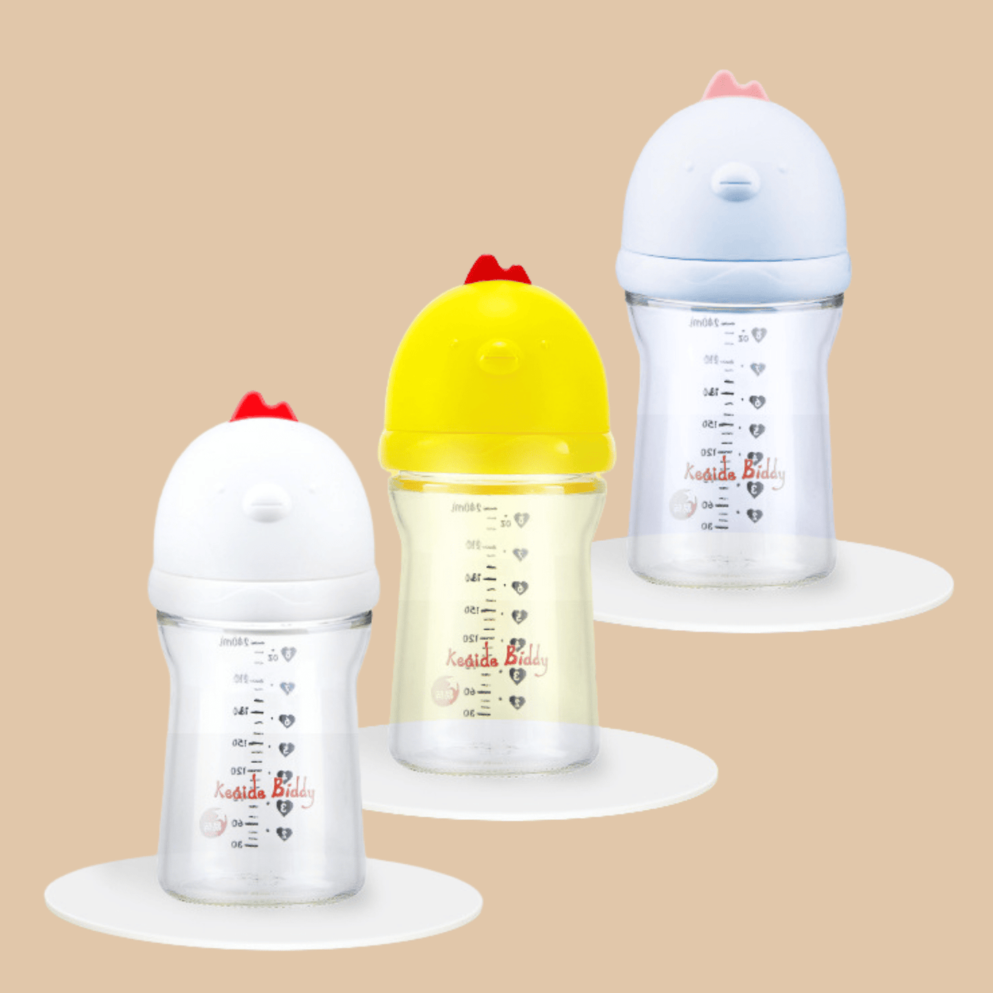 CUTE CHICKEN WIDE MOUTH GLASS BOTTLE 240mL/8oz - COLO