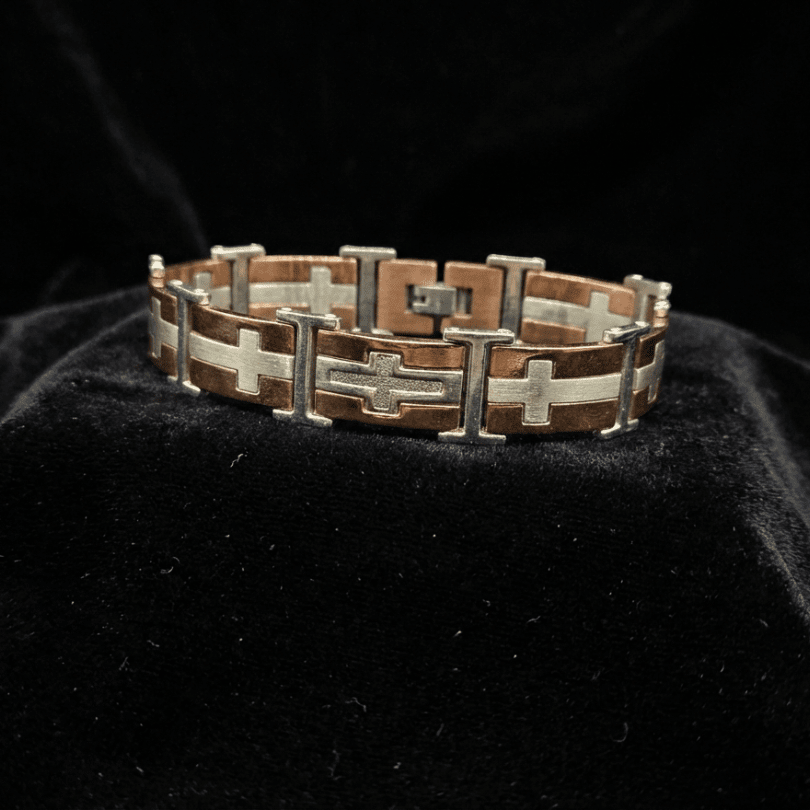 Men's Orange Accent Stainless Steel Cross Bracelet - COLO