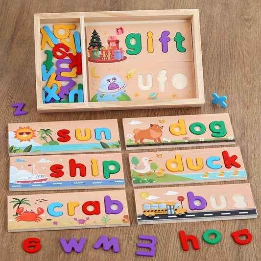 WOODEN BOR SPELLING WORDS, 26pcs Alphabet Puzzle Numbers - COLO
