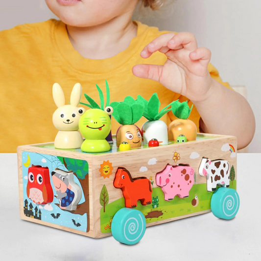 HAPPY FARM ANIMAL CAR, Montessori Children's Games 1 2 3 4 Year 6 in 1 Wooden Games - COLO