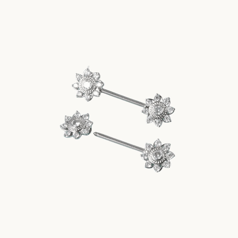 Silver Opal Flower Nipple Barbells 14G Pair - COLO