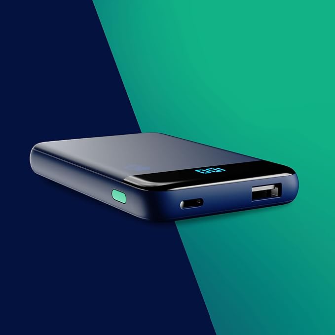 Skullcandy Stash Mini Portable Charger, 5000mAh Power Bank with 12W USB A Charging Port and 12W USB C Charging Port, Bonus USB A to Micro USB / Type C Dual Charging Cable - Blue/Green