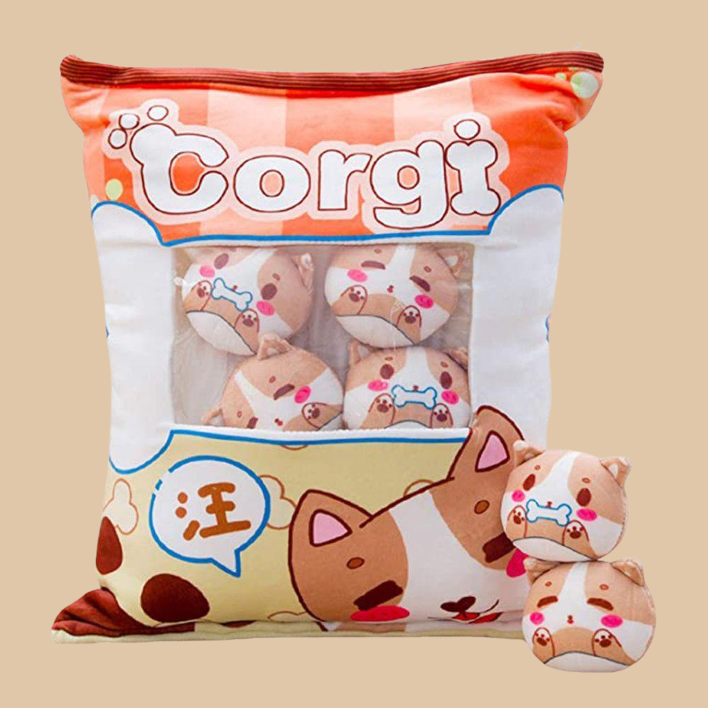Zippered Corgi Plush Pillow with Mini Puppies