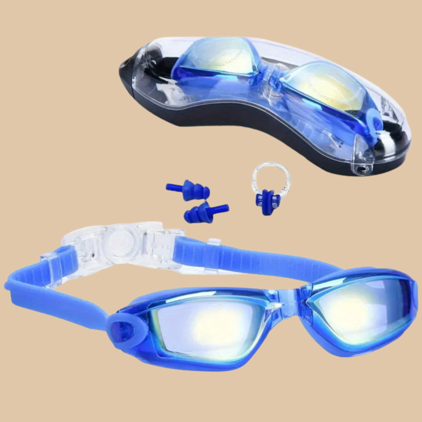 Dark Blue Adult Swim Goggles with Ear Plugs – Anti Fog, UV Protection