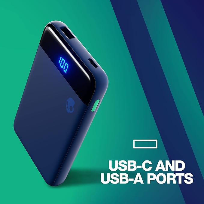Skullcandy Stash Mini Portable Charger, 5000mAh Power Bank with 12W USB A Charging Port and 12W USB C Charging Port, Bonus USB A to Micro USB / Type C Dual Charging Cable - Blue/Green