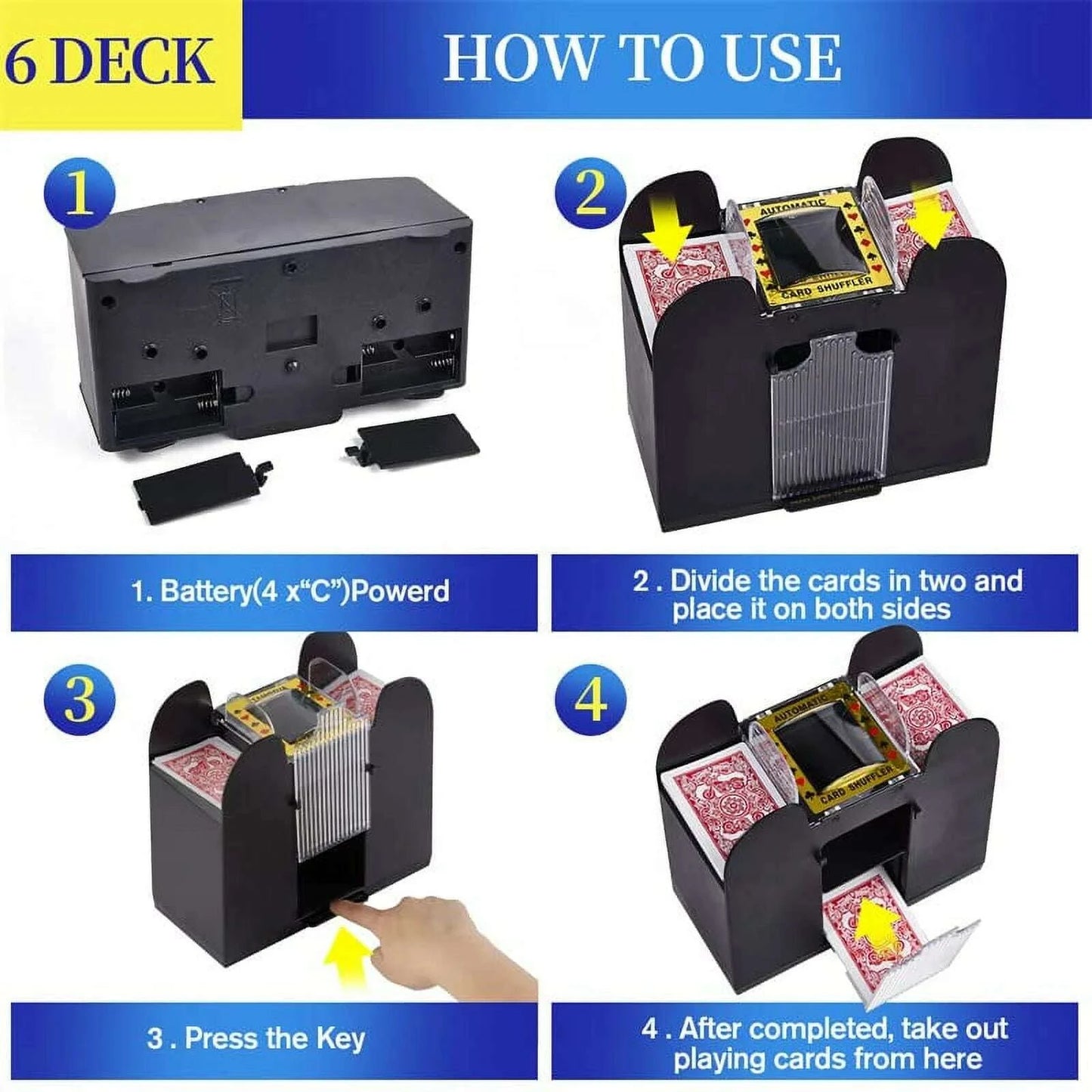 Card Shuffler Automatic 2/4/6 Deck, Playing Card Shuffler Electric for Poker, UNO, Home Card Game, Texas Hold'em, Blackjack - COLO