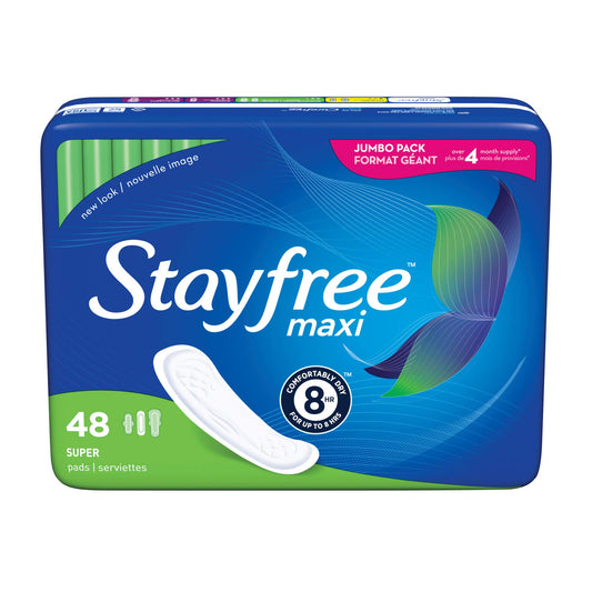 Stayfree Maxi Pads – Super, Long, Wingless, 48 Count
