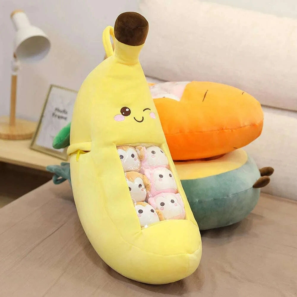 Zippered BANANA Plush Pillow Gift Throw Pillow Removable with 8 Little Dolls 24" x 18" - COLO
