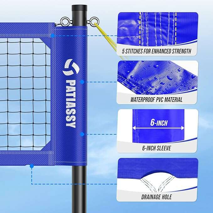 Patiassy Heavy-Duty Volleyball Net Set with Steel Cable & Carry Bag (Blue) - COLO