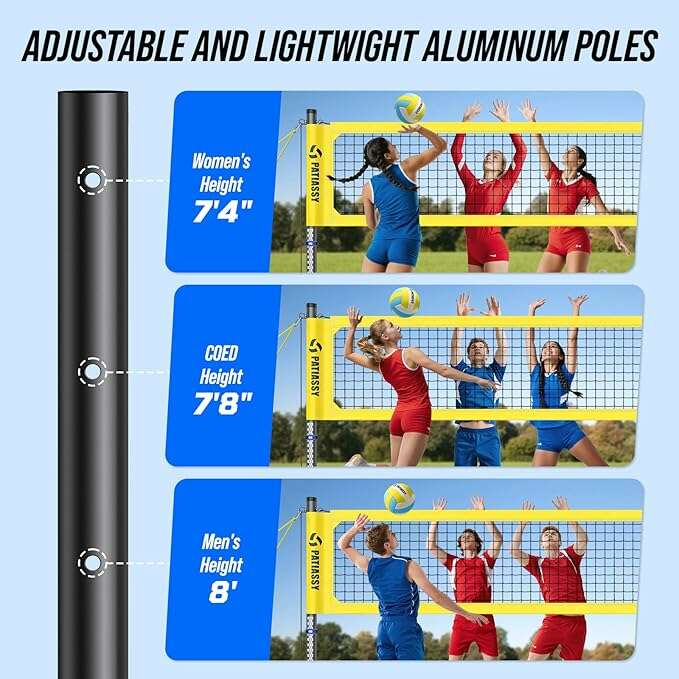 Patiassy Portable Professional Outdoor Volleyball Net Set with Adjustable Height Aluminum Poles, Winch System, Volleyball with Pump and Carrying Bag for Backyard Beach - COLO