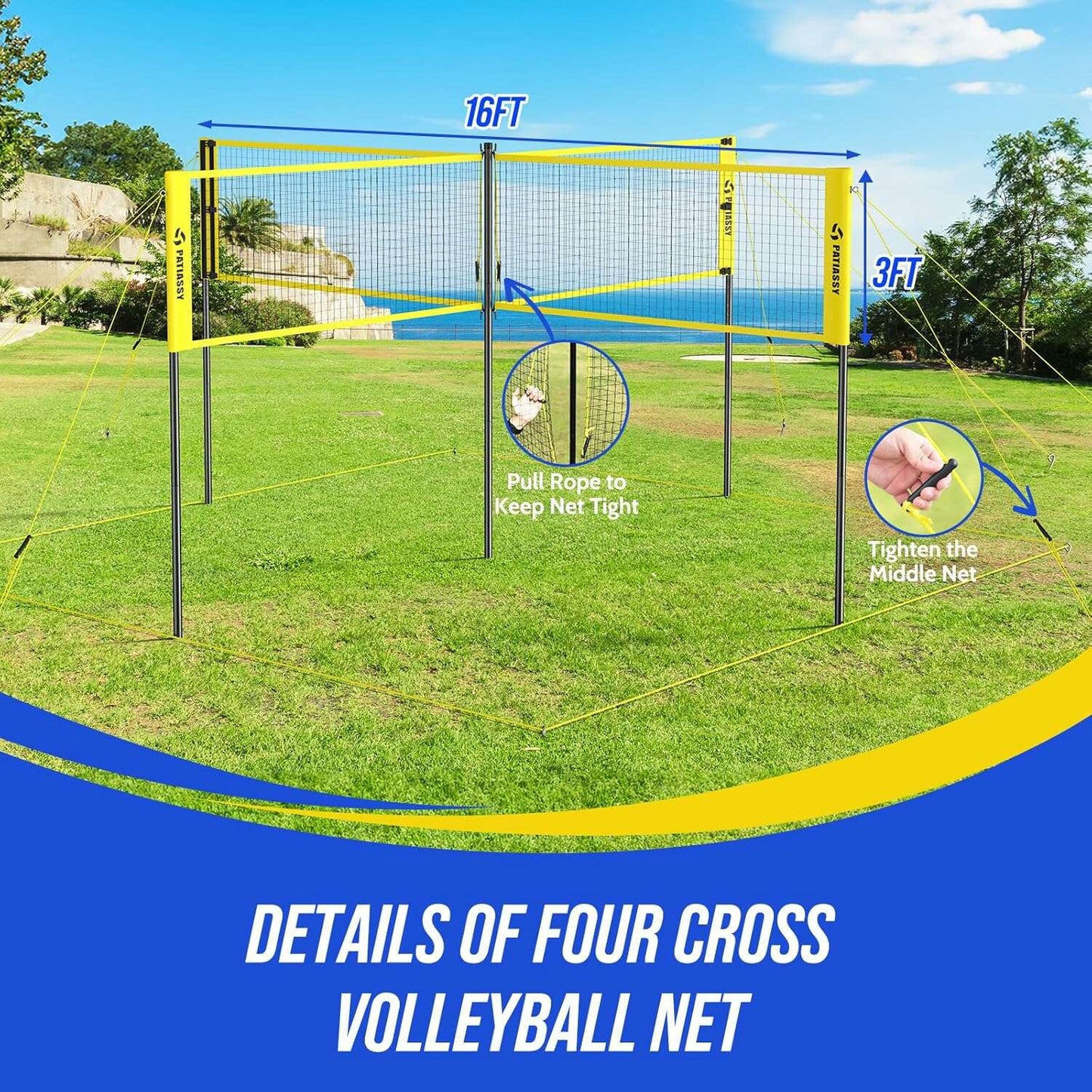 Patiassy 4-Way Volleyball Net Set with Ball & Carry Bag (Yellow) - COLO