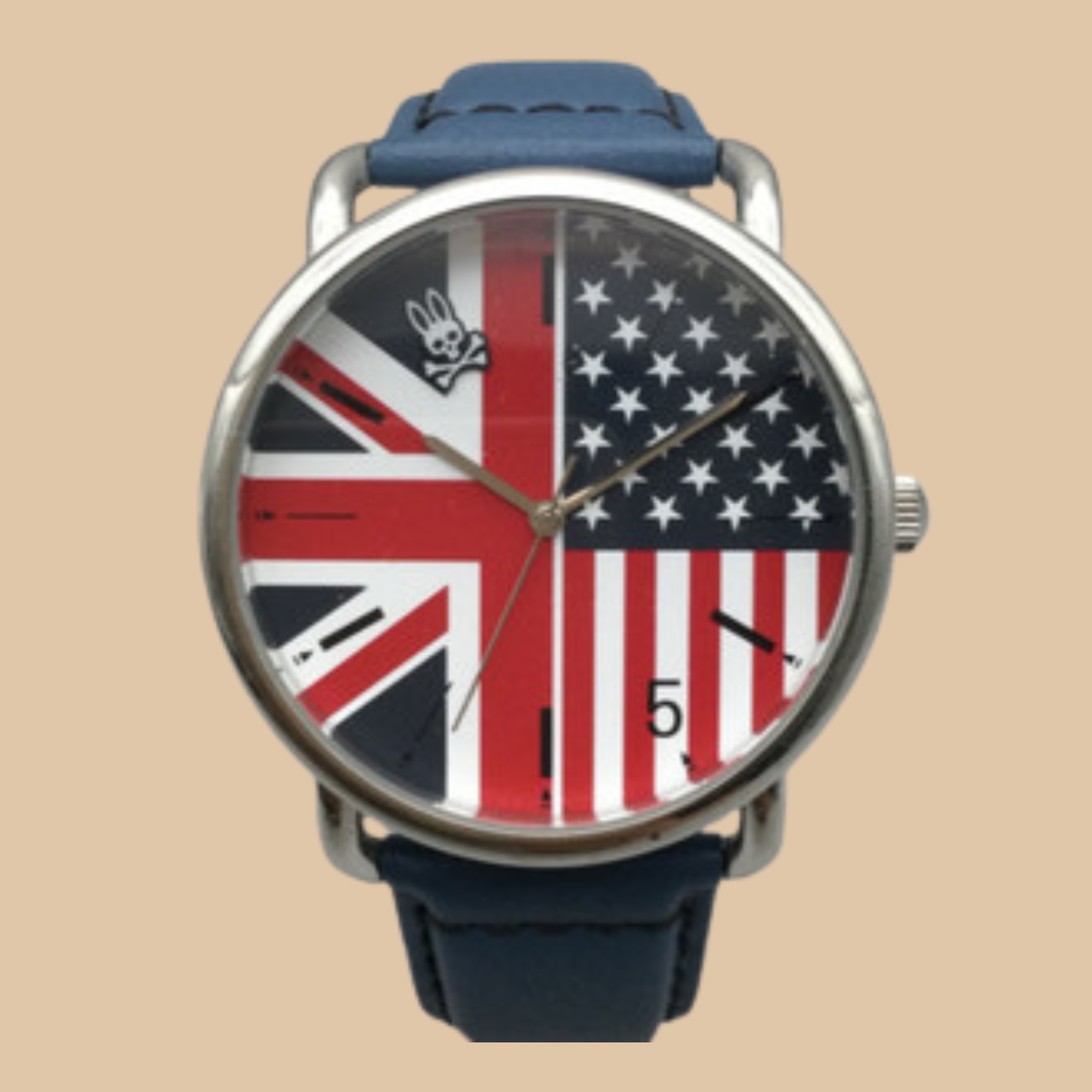 Psycho Bunny Watch Men 42mm Silver Tone US Flag Union Jack Leather