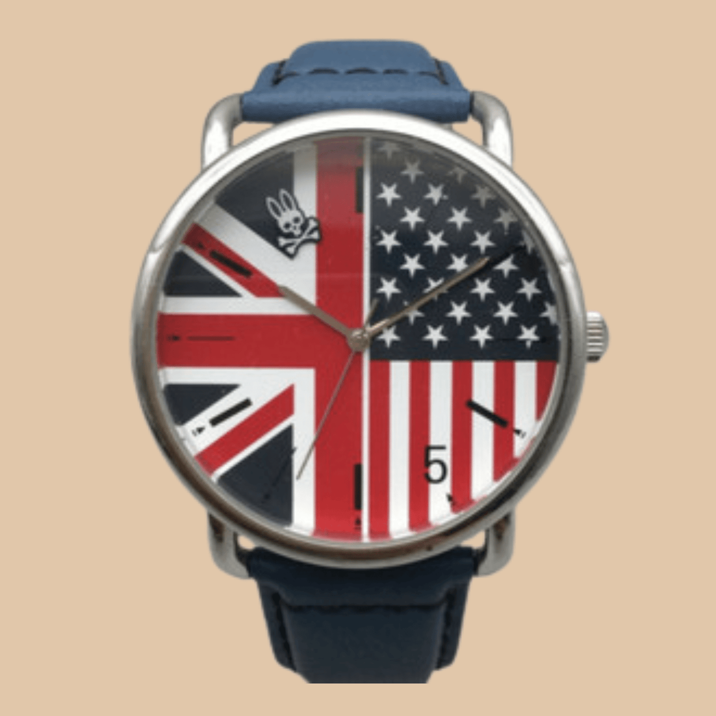 Psycho Bunny Watch Men 42mm Silver Tone US Flag Union Jack Leather - COLO