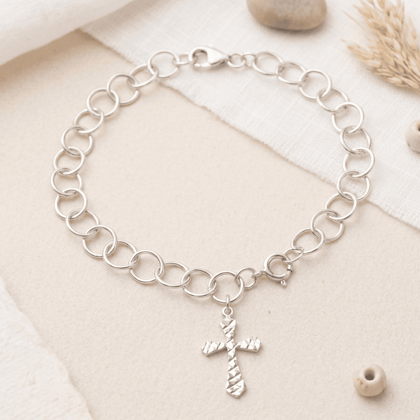 ANKLE BRACELET CROSS PENDANT ON OPEN CIRCLE BRACELET 10" w/SPRING RING LOCK