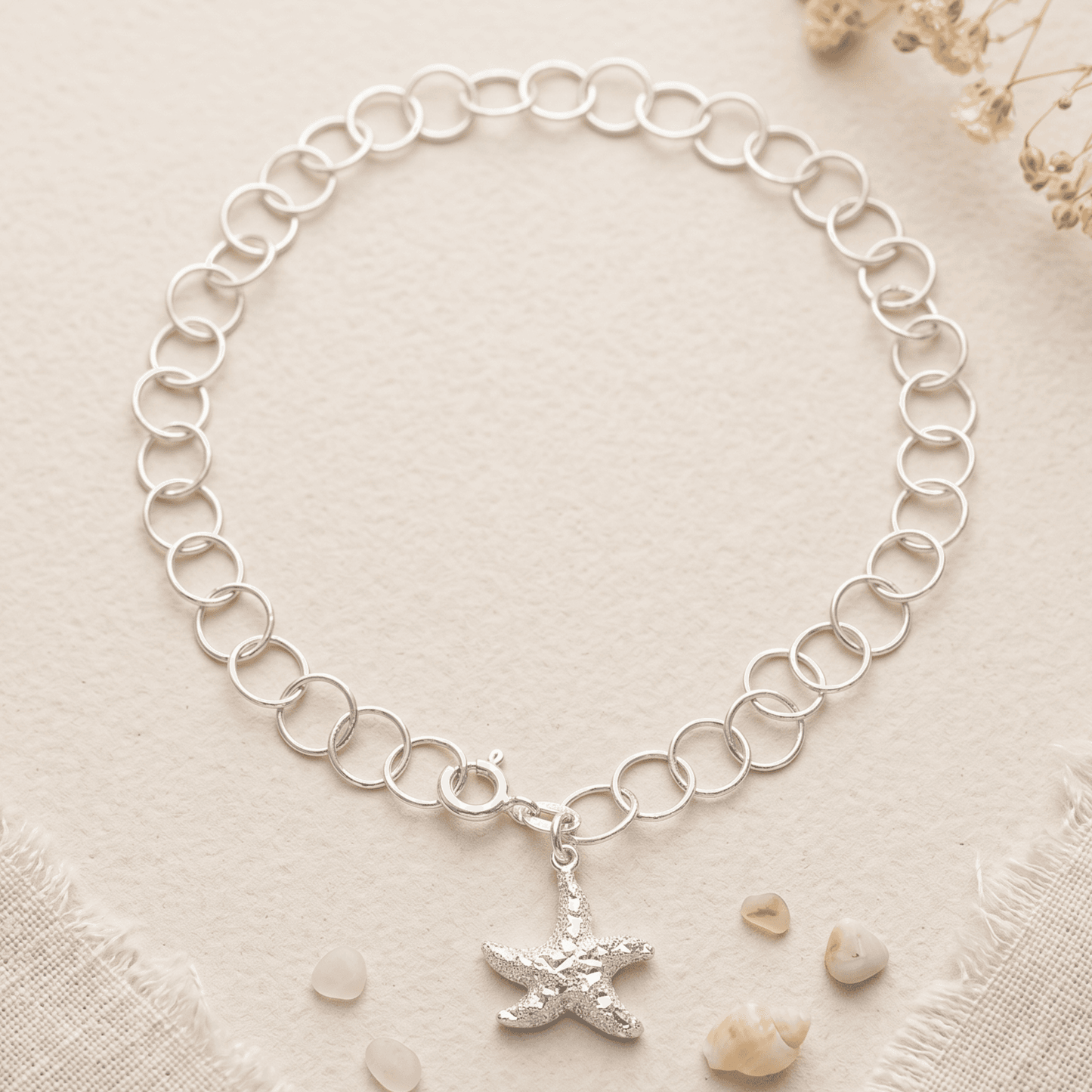 ANKLE BRACELET HAMMERED STARFISH PENDANT ON OPEN CIRCLE BRACELET 10" w/SPRING RING LOCK
