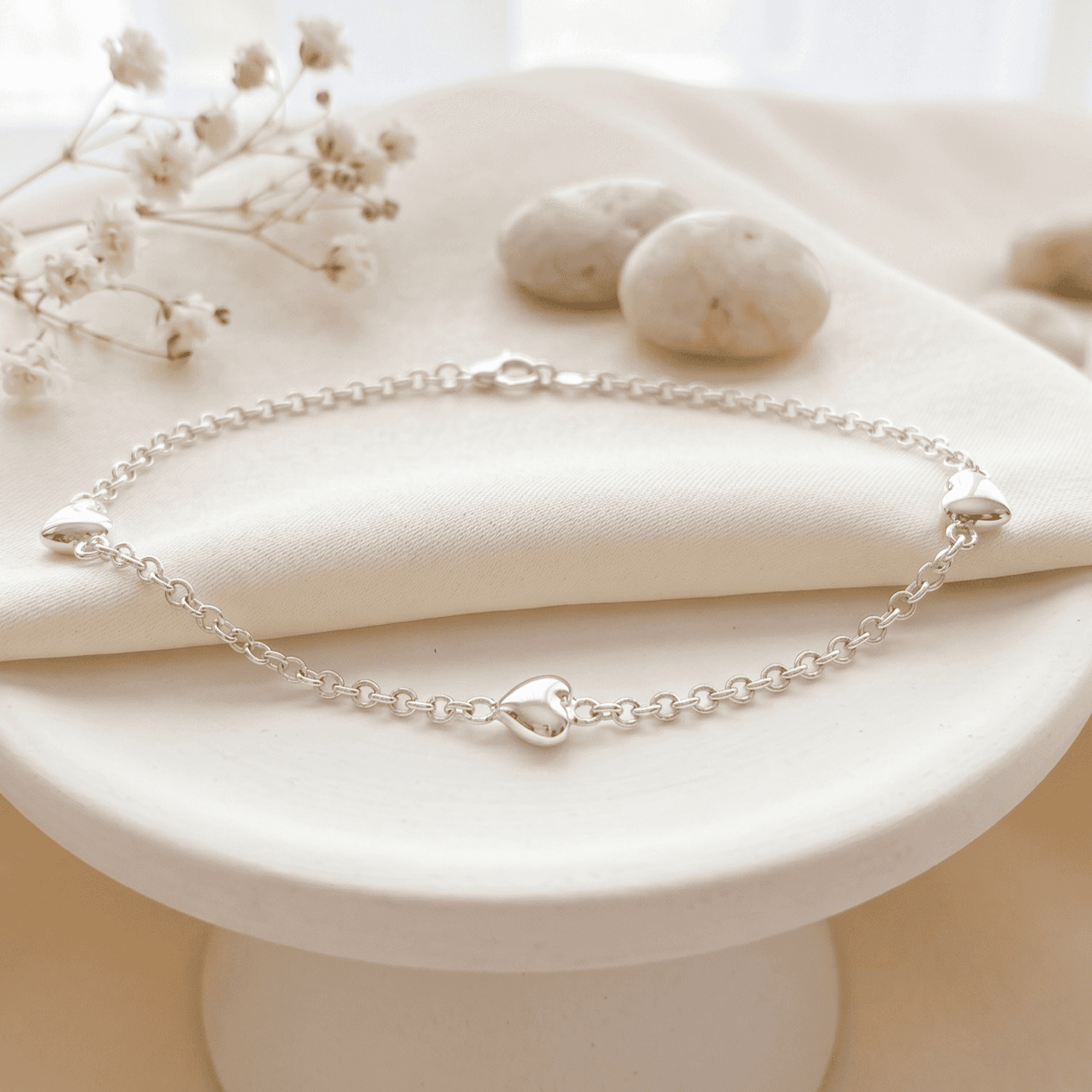 ANKLE BRACELET HEART AND CIRCLE CHAIN FASHION BRACELET 10" w/LOBSTER LOCK