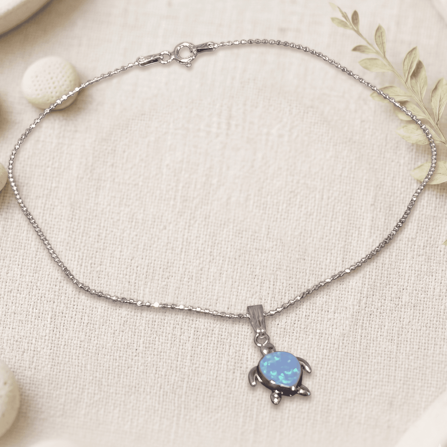 ANKLE BRACELET BLUE OPAL TURTLE PENDANT ON A DC LINK CHAIN 10" w/SPRING RING LOCK