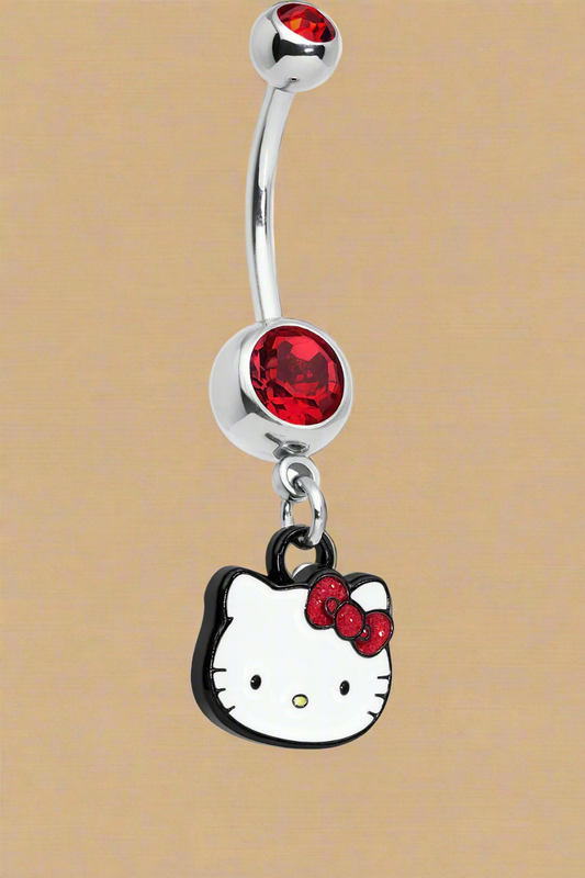 Hello Kitty – Belly Bar Button Ring Piercing Jewelry with Rhinestone Inlay & Red Stone (Stainless Steel 316L)