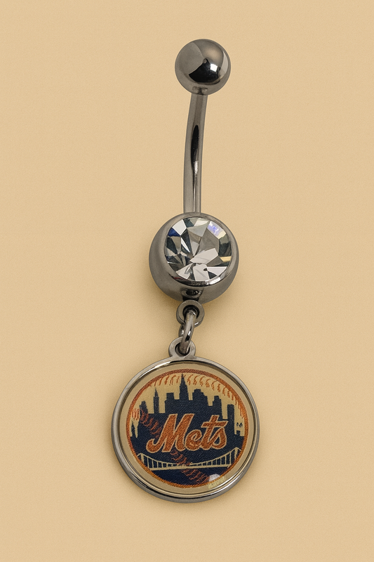 MLB New York Mets Stainless Steel Belly Ring with Clear Gem