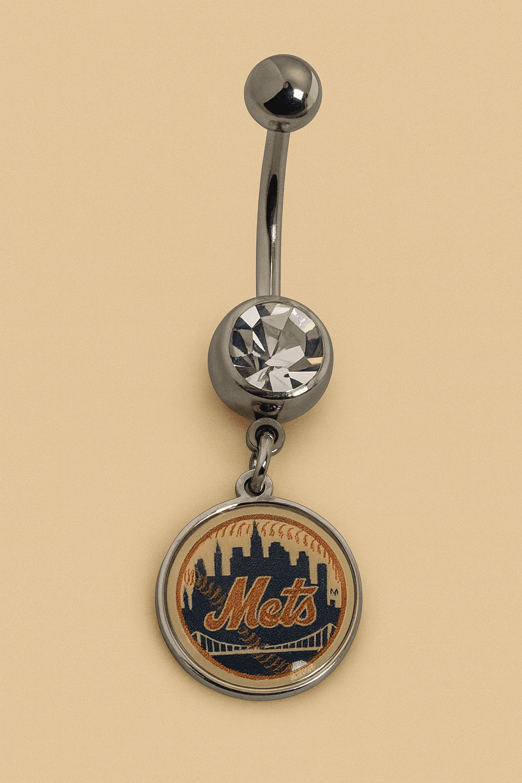 MLB New York Mets Stainless Steel Belly Ring with Clear Gem - COLO