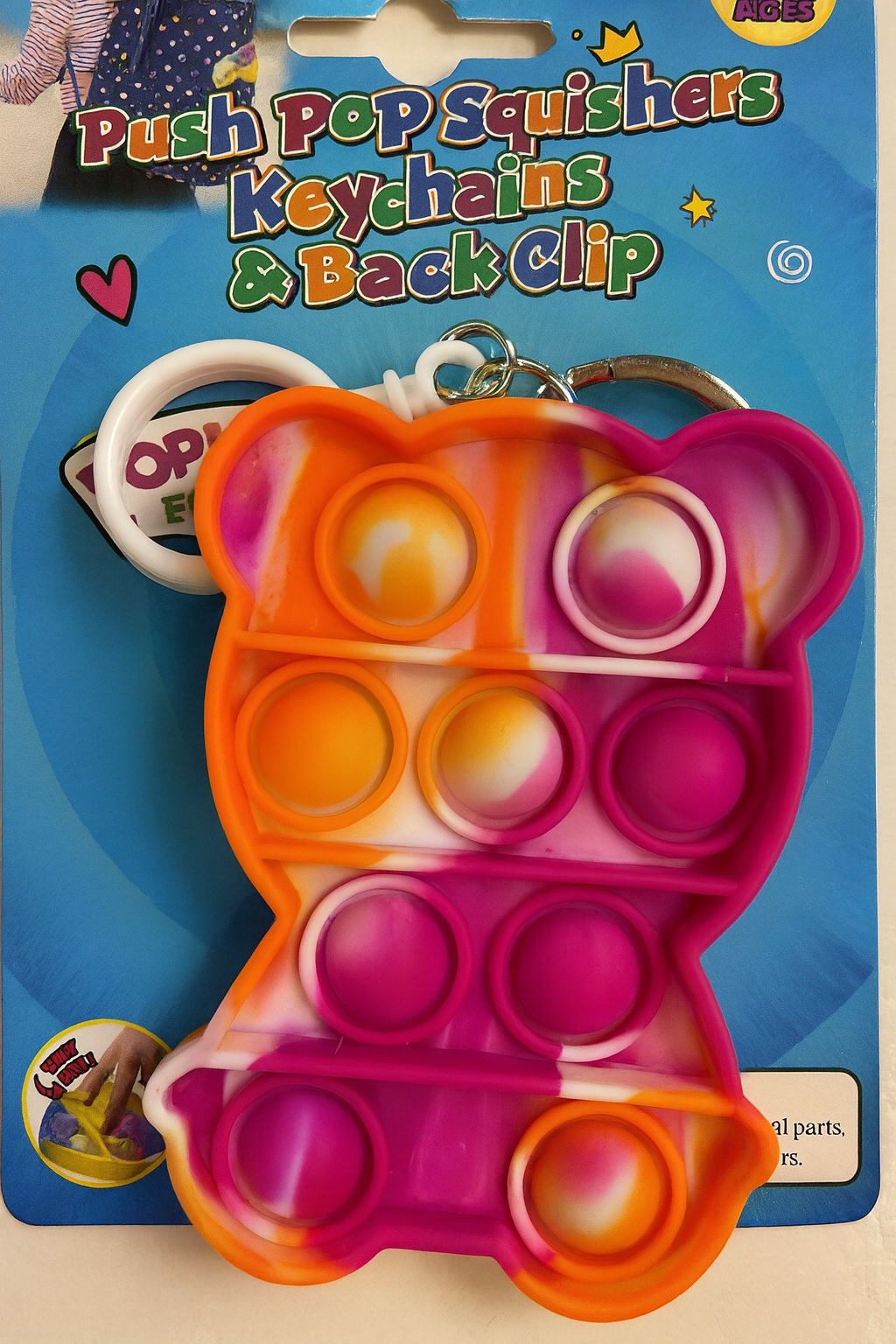 Push Pop Squishers Multicolor Teddy Bear Keychain w/Back Clip Fidget Sensory Toy - COLO