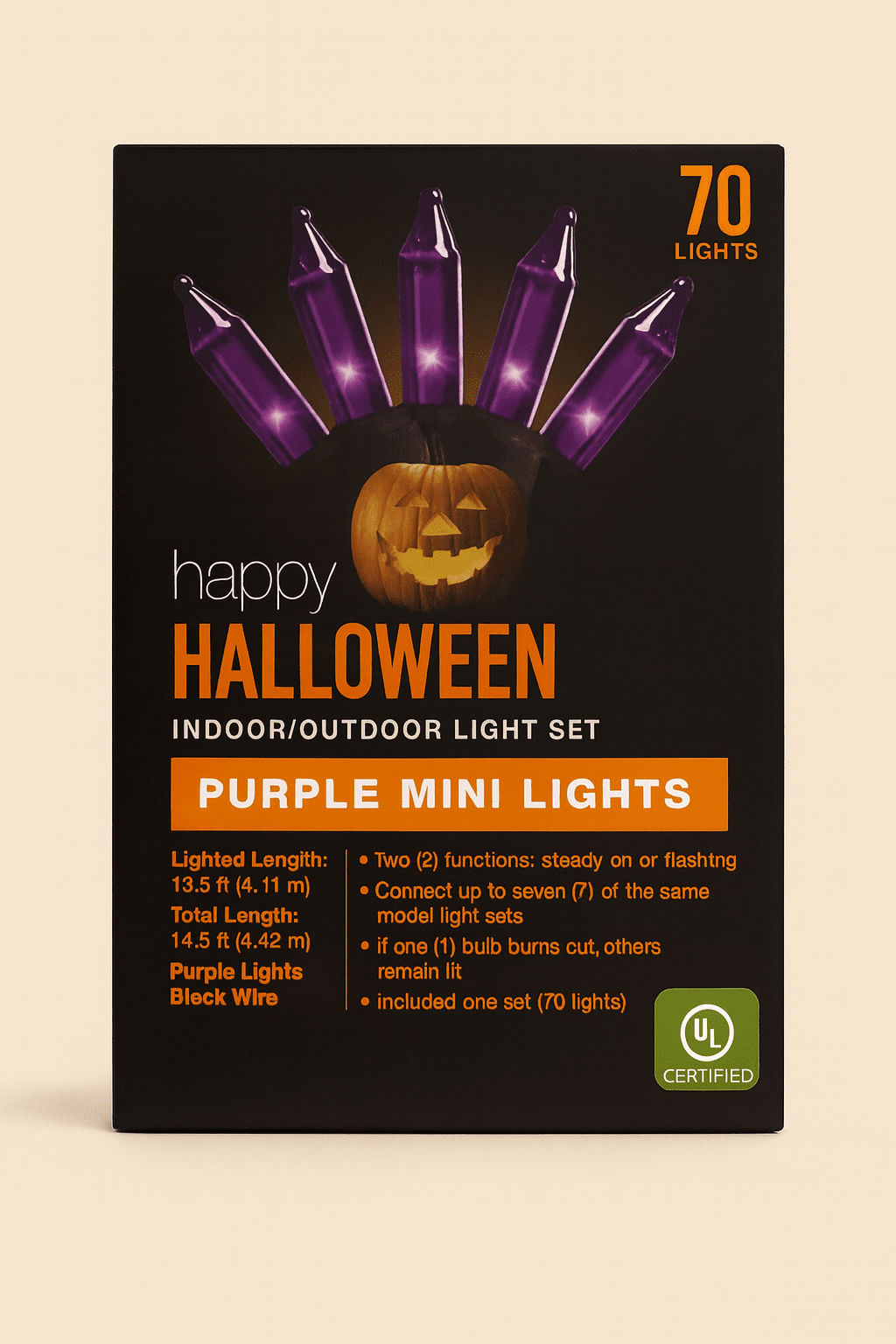 Halloween 70 Purple Mini Lights with Black Wire – Indoor/Outdoor Use - COLO