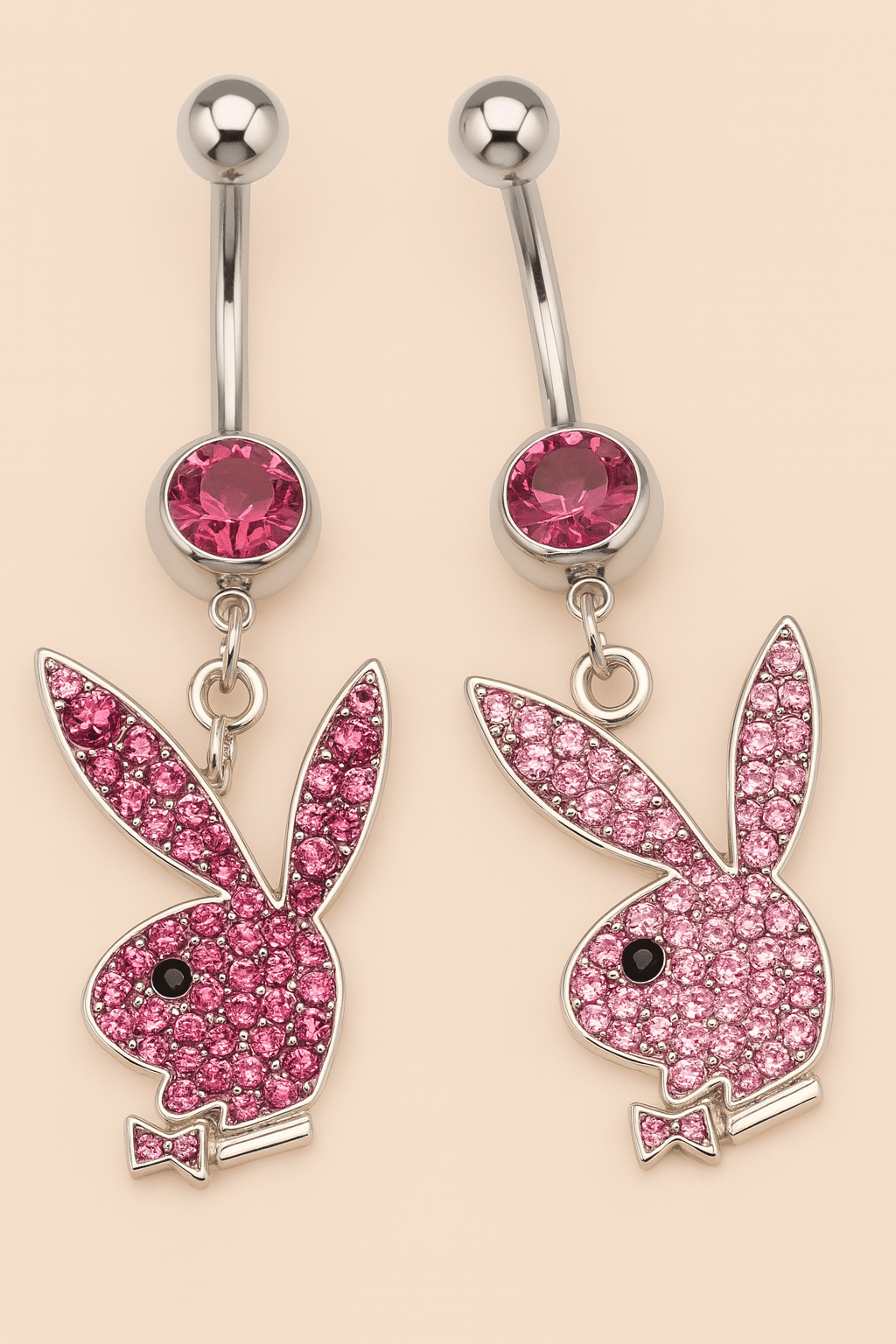 Playboy Red & Pink Crystal Bunny Head Belly Ring Set Stainless Steel - COLO