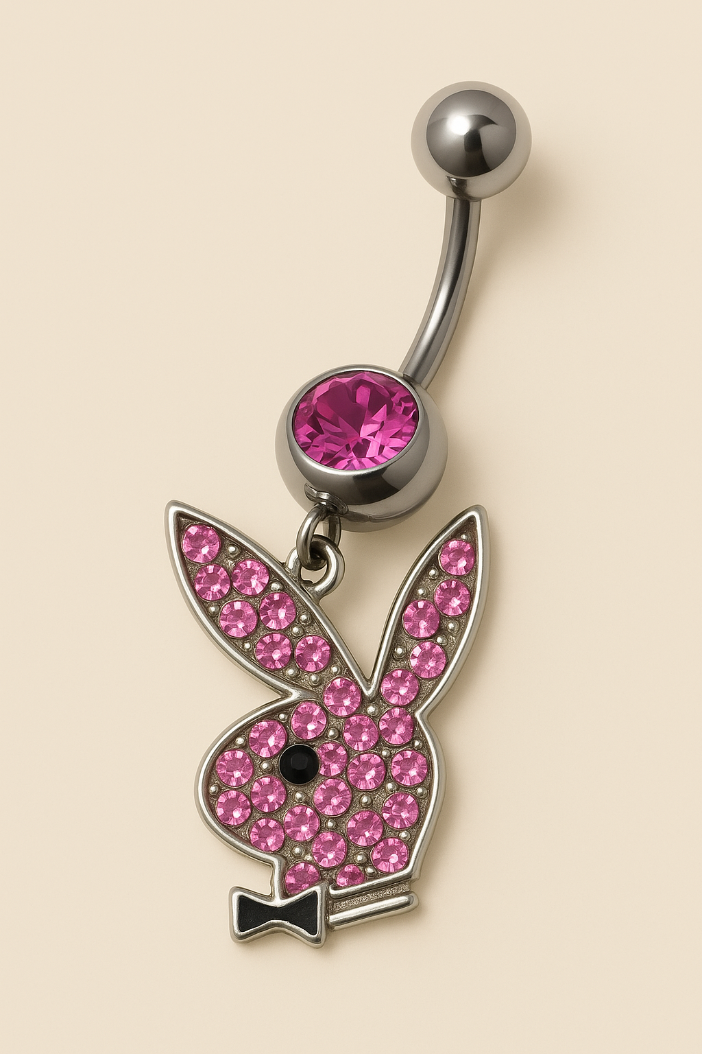 Playboy Pink Crystal Bunny Head Belly Ring Stainless Steel