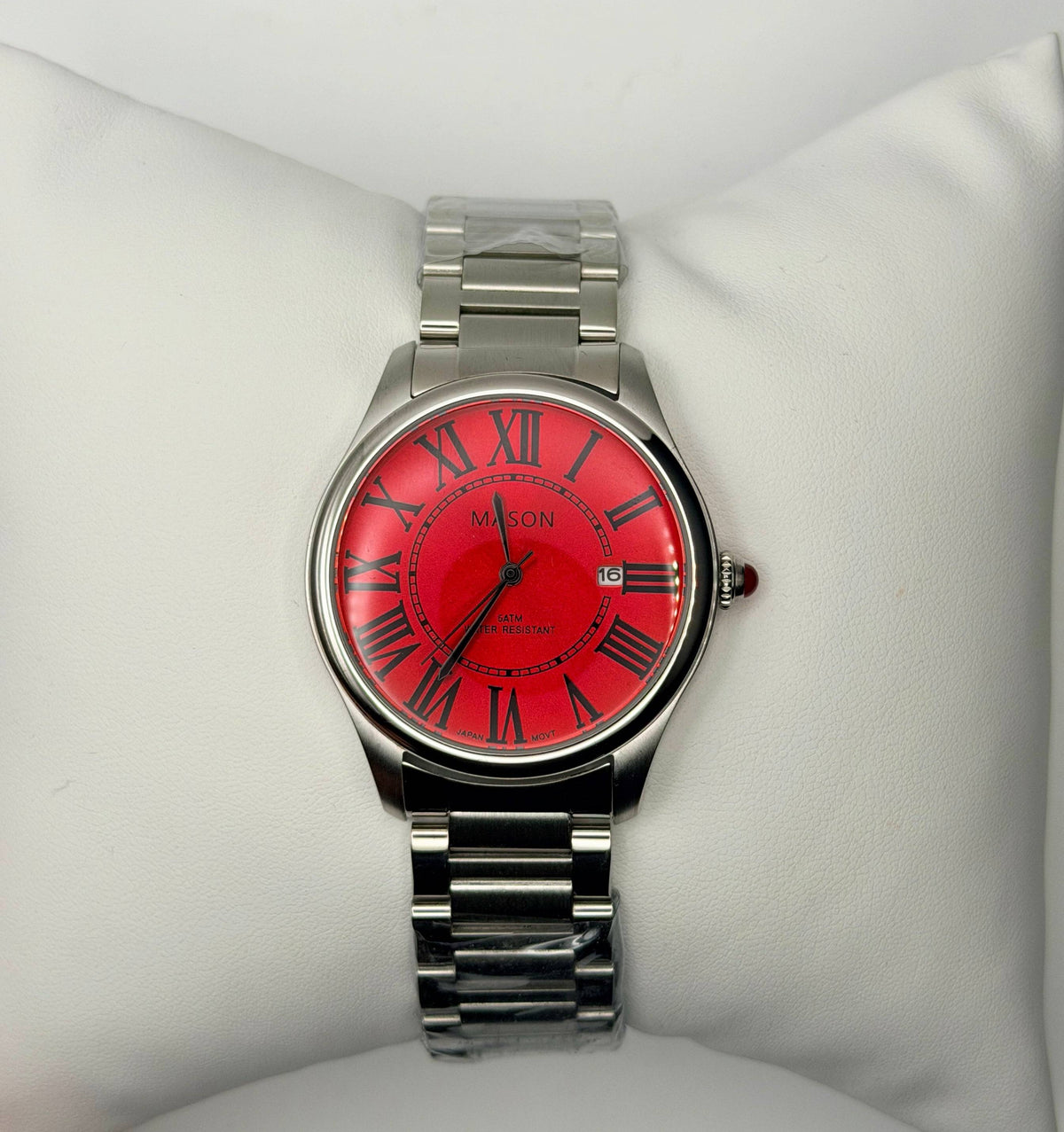 Crimson Boldness & Regal Opulence: Mason Red Face Stainless Steel Crystal-Accented Roman Numeral Automatic Watch (5 ATM) ā Style 2