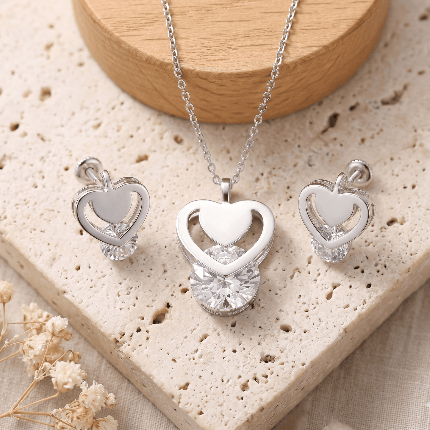 Stainless Steel Crystal Cutout Heart Earring and Pendant Set with Chain – Durable, Tarnish Resistant Jewelry Set for Everyday Wear