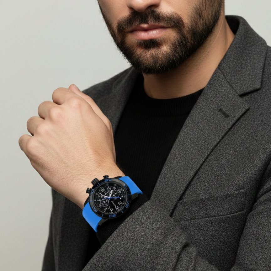 Mason Men’s Stainless Steel Chronograph Watch – Blue Dial with Signature Silicone Strap