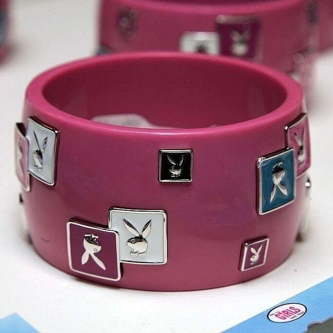 Playboy Bunny 1.75" Wide Bangle Bracelet - Pink w/ enameled metal plaques - COLO