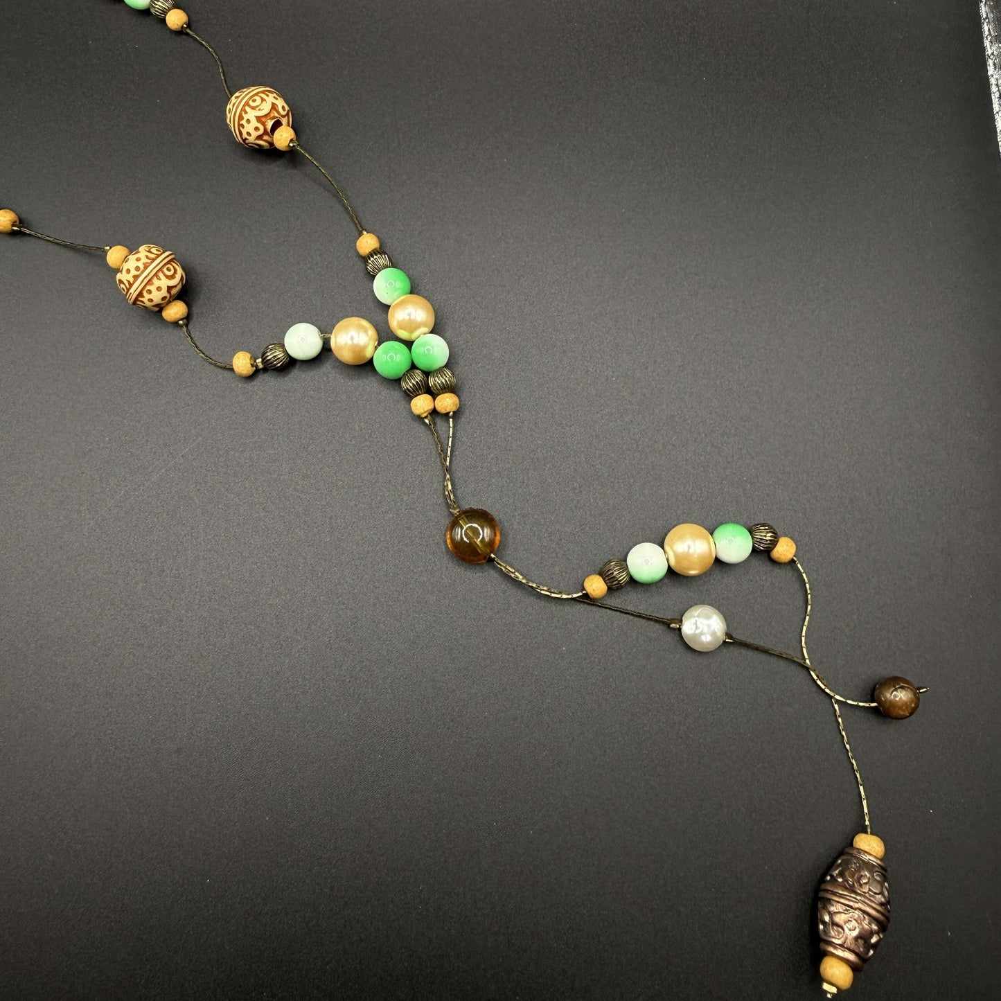 Sage Green & Cream Lariat Necklace with Wooden Beads - COLO
