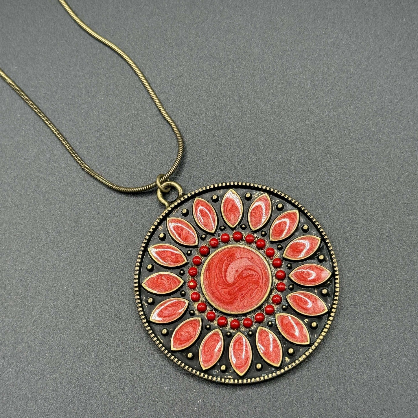 Antique Bronze Snake Chain Necklace with Red Pendant - COLO
