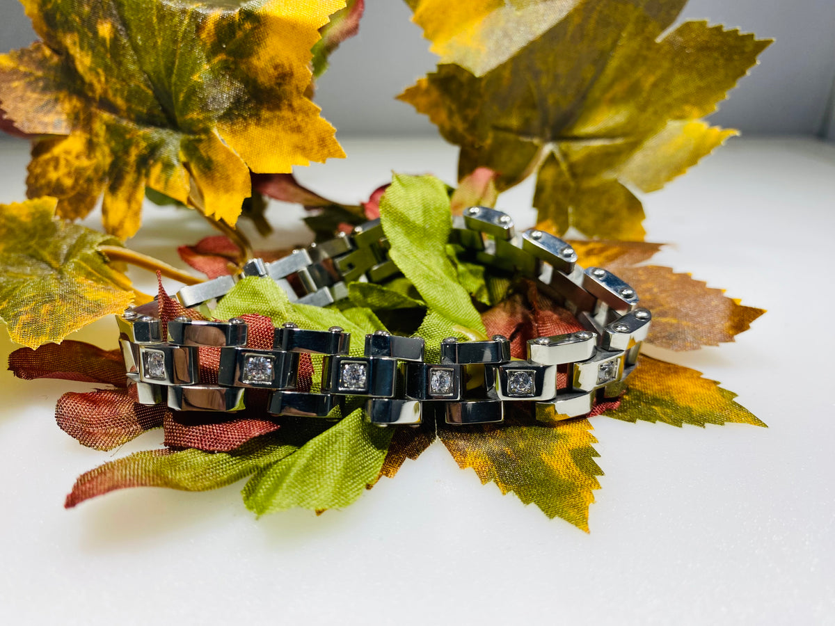 Men’s Stainless Steel Crystal Inlay Link Bracelet (8.5 Inch)