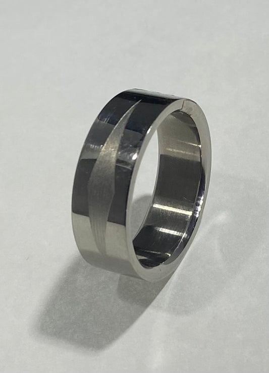 Madison Collections Stainless Steel Band Ring with Elongated Geometric Diamond Engraving