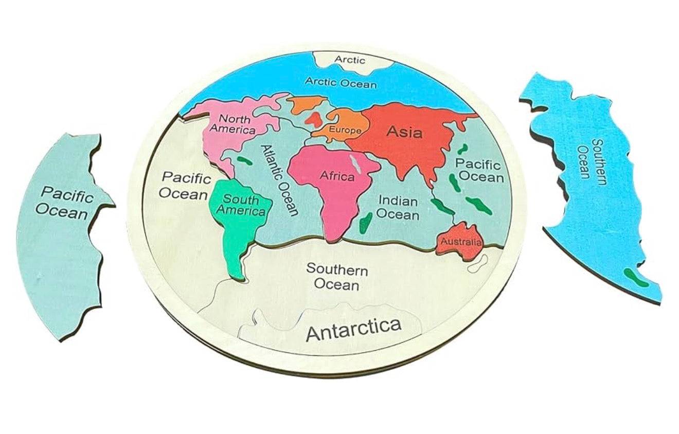 Montessori Wooden World Map Puzzle | Interactive Continents & Oceans Toy for Kids 4-8