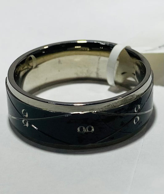 Men's Stainless Steel Black Inlay Band Ring with Geometric Silver Pattern