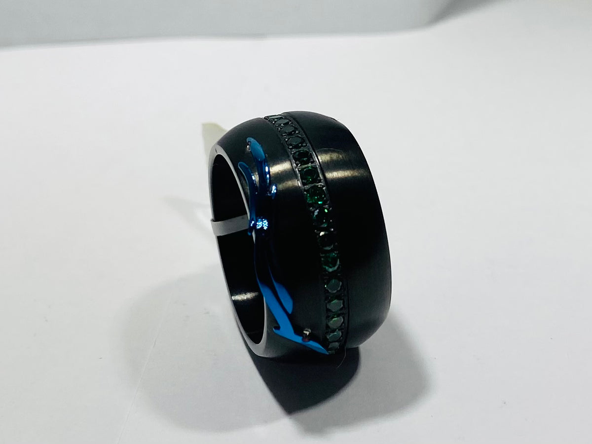 Madison Collections Men's Black Stainless Steel Ring with Green Crystals & Metallic Accent