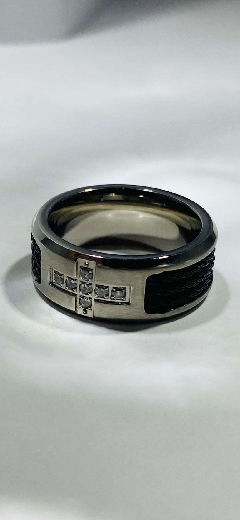 Madison Collections Stainless Steel Diamond Cross Ring with Black Cable Inlay