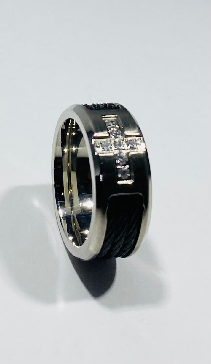 Madison Collections Stainless Steel Diamond Cross Ring with Black Cable Inlay