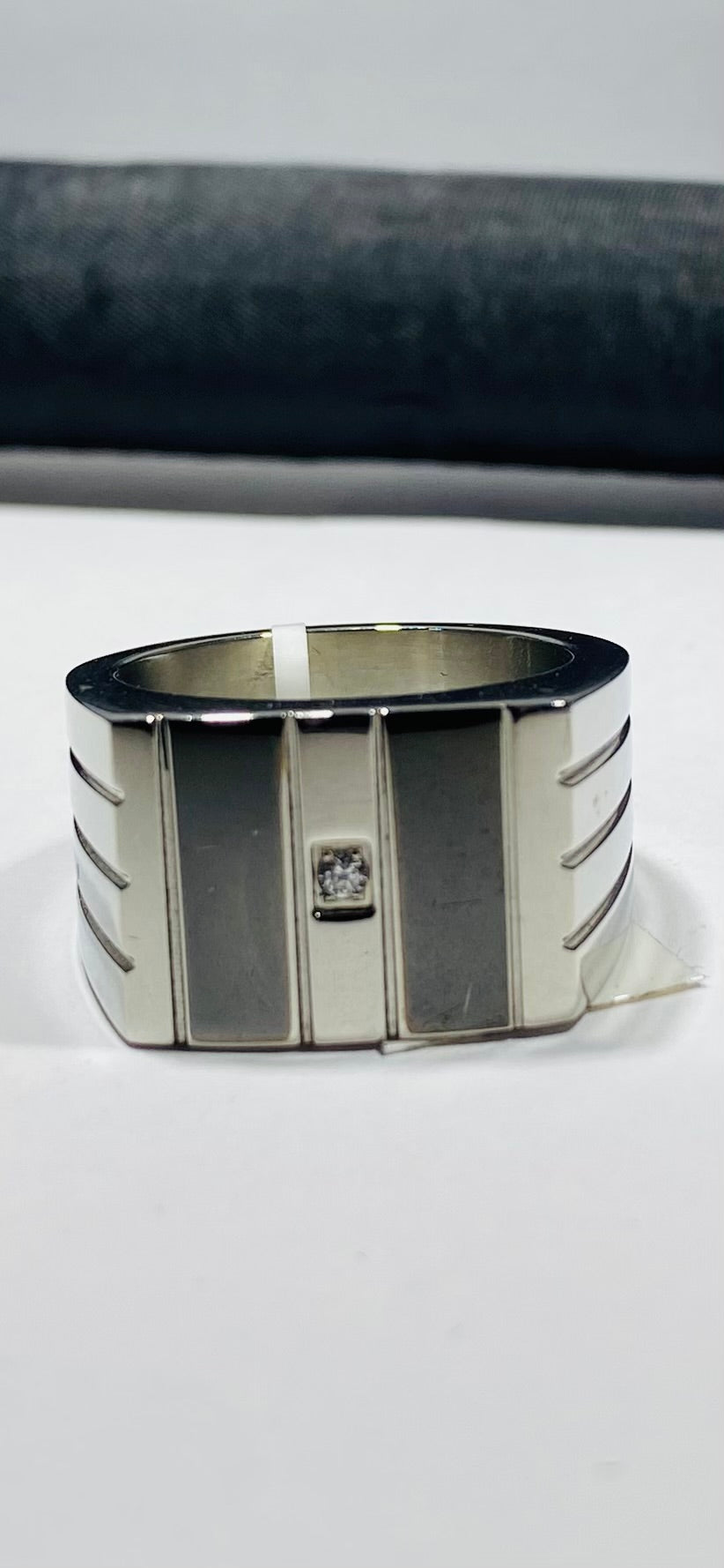 Madison Collections Men's Stainless Steel Signet Ring with 1pt Diamond & Dual Black Inlays
